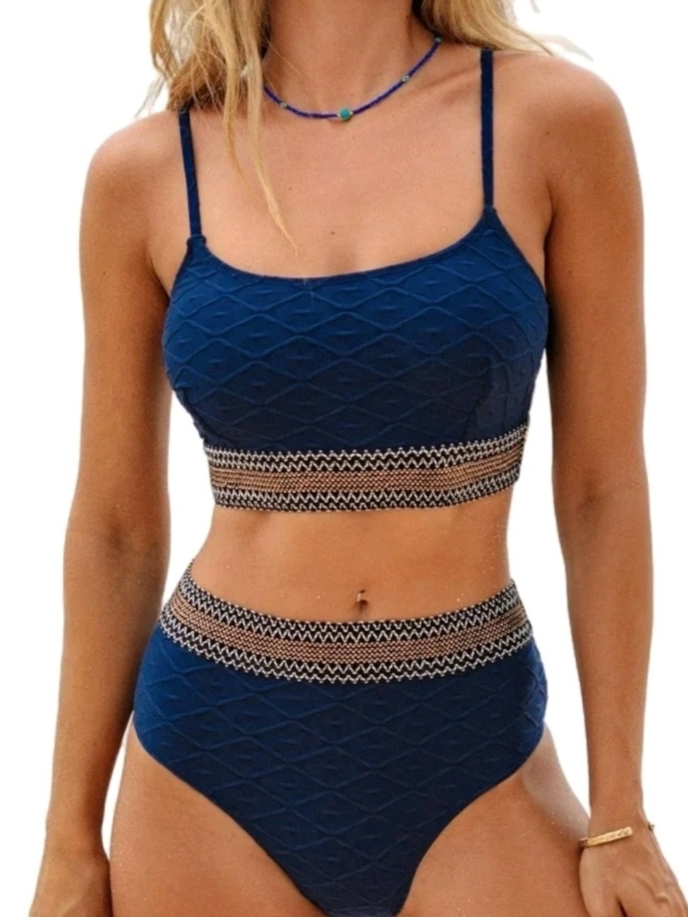 NWT | Cupshe Navy Geo-Stitch Scoop Bralette & High Waist Bikini Set | Medium
